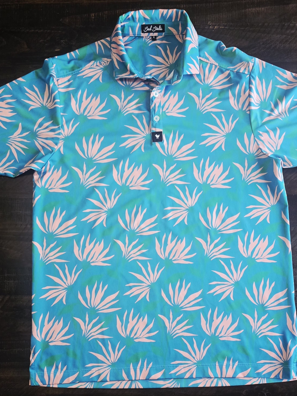 Bad Birdie Teal Polo with Pink Tropical Print